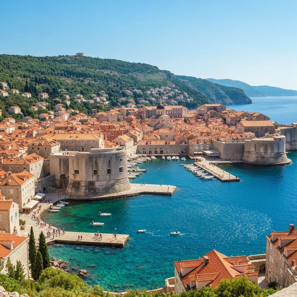 Panoramic view of Dubrovnik Old Town walls and terracotta rooftops along the Adriatic coast, Croatia