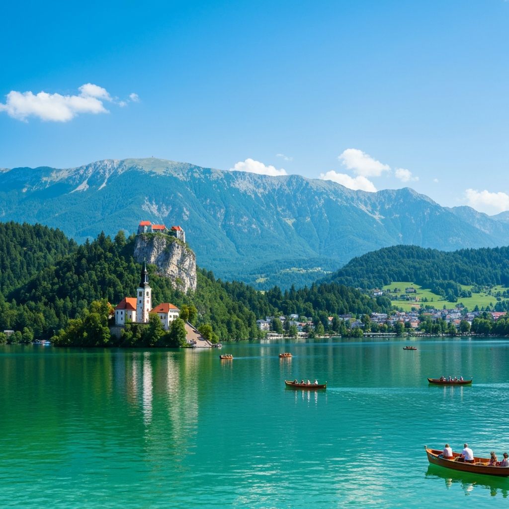 Iconic Lake Bled with island church and Julian Alps backdrop, scenic day trip from Zagreb through Slovenia