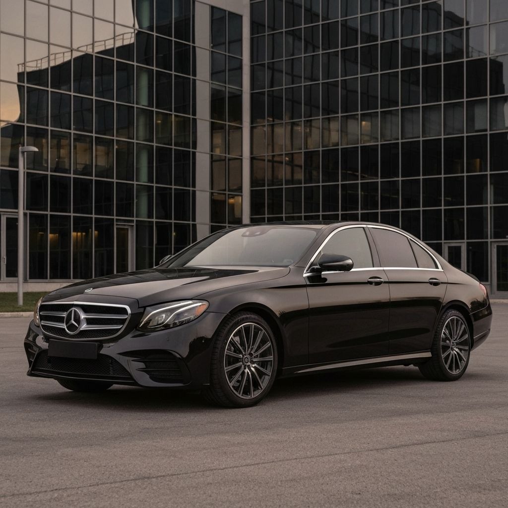 Black Mercedes E-Class sedan for private chauffeur transfers in Croatia, parked at luxury hotel entrance