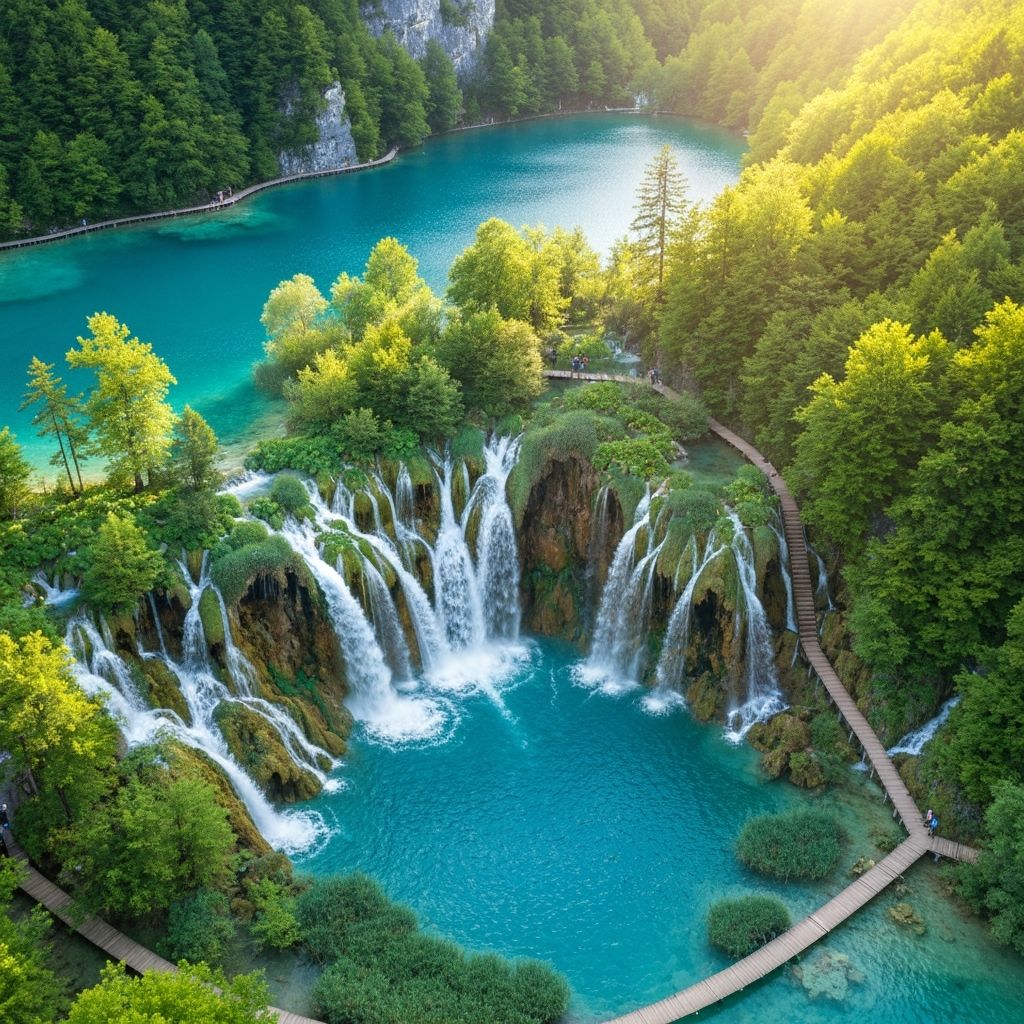 Turquoise cascading waterfalls at Plitvice Lakes National Park, popular Zagreb day trip destination in Croatia